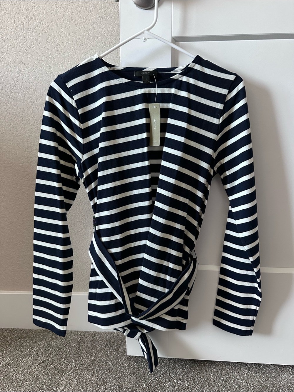 NWT J.Crew Striped Belted Crossback Top S Navy Ivory Tie Waist H1826